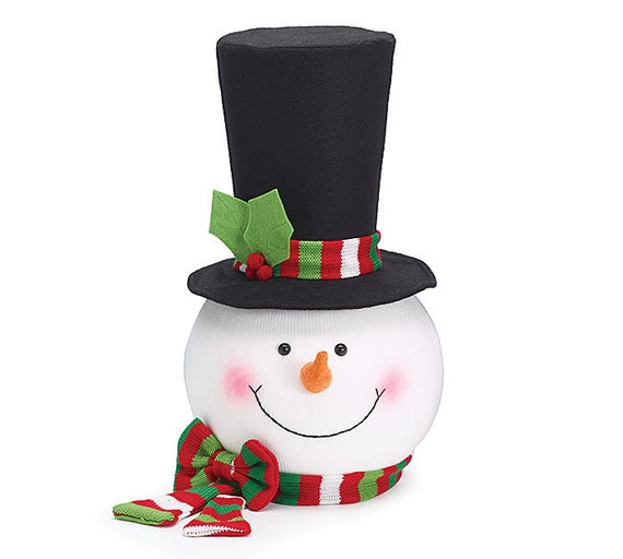 Snowman Tree Topper Head Large Tall Black Hat Stripe Scarf on Hat ...