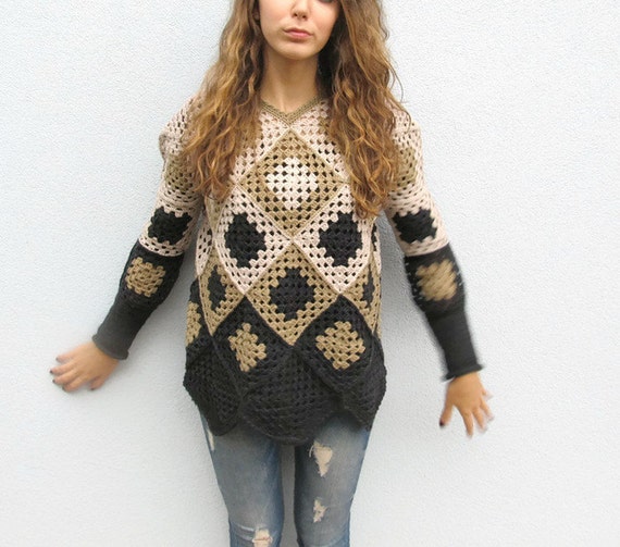 Crochet Granny Square Sweater. Geometric Womens Winter Sweater. Women Retro Sweater. M-L Women Sweater. Pullover One of a kind.