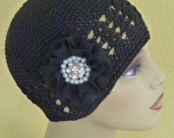 Black Dressy Chemo Hat with Pearl and Rhinestone Flower, Ladies Crochet Black Chemo Hat with Large White and Black Flowers