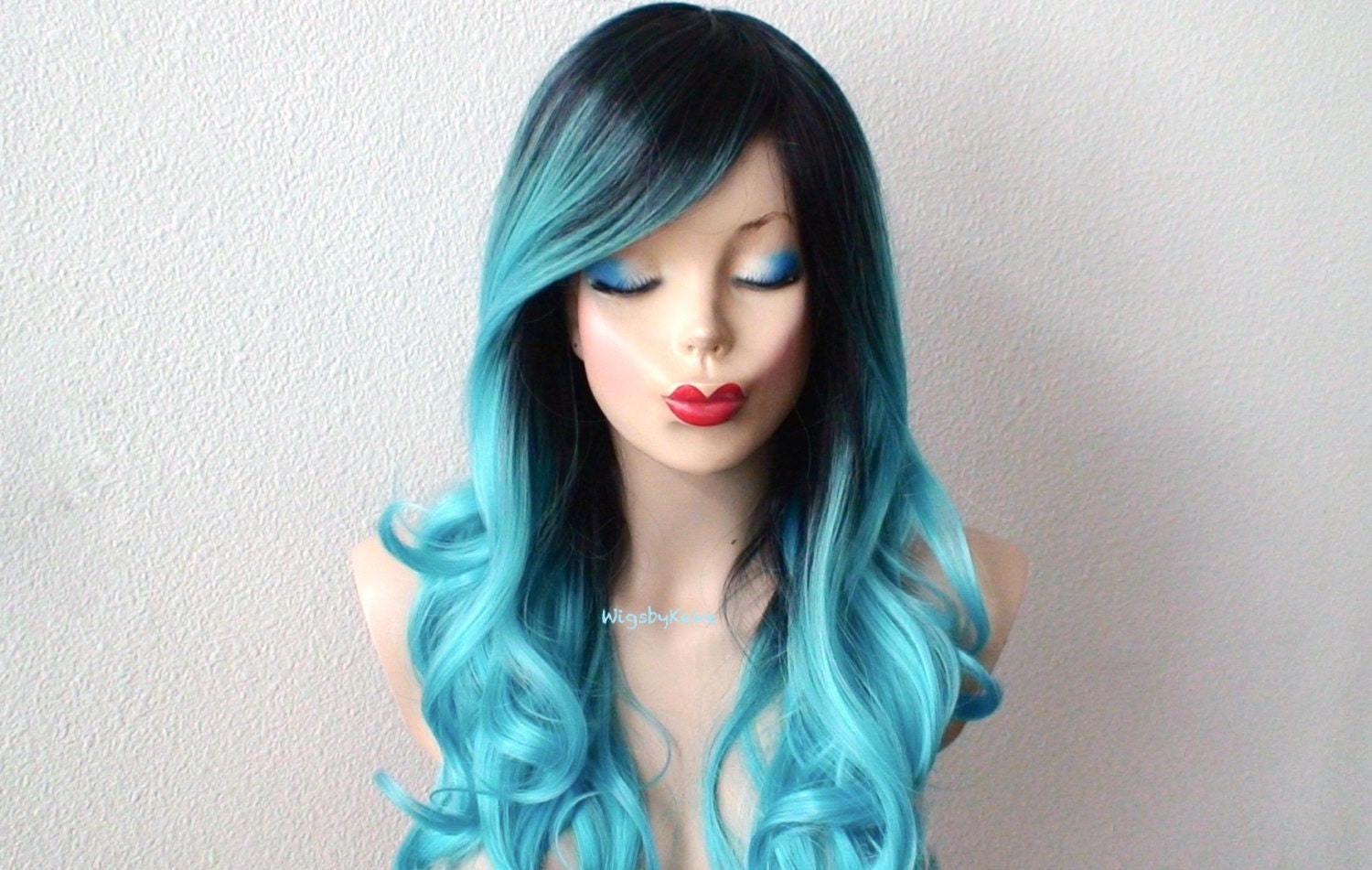 Ombre wig Teal blue wig Long curly hair with a dark roots 