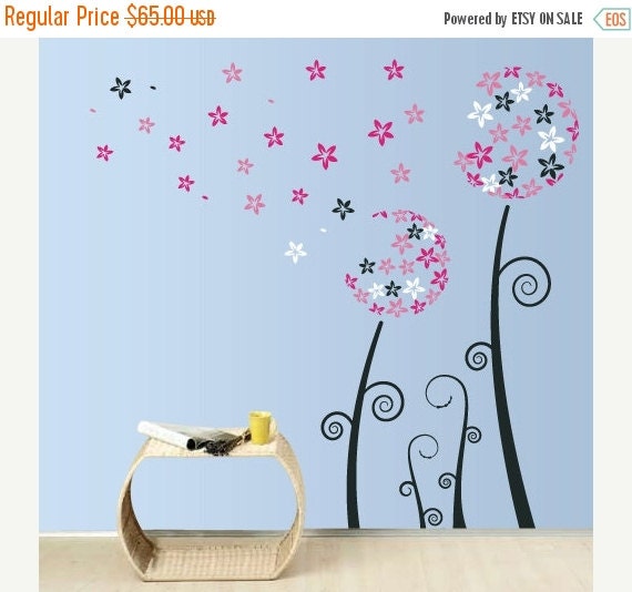 Dandelion Wall Decal Pink and White Blowing by WallDecalSource