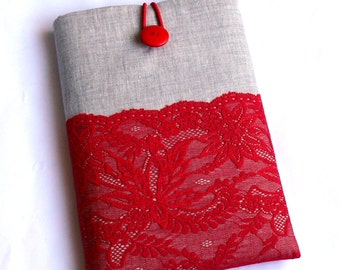 Kindle Paperwhite Cover, Fire HD 8 Case, Kingle Voyage, Nook Case-Superior Shock Absorbent Foam Padding - Grey Linen with Red Lace- Handmade