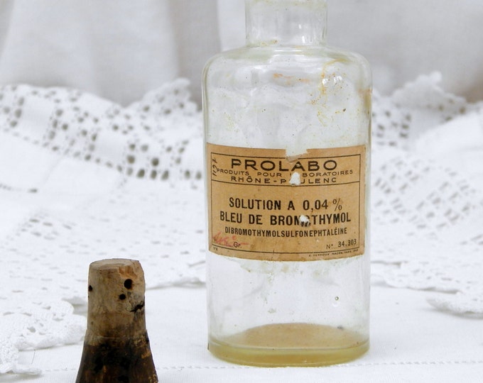 Small Antique French Glass "Bleu de Bromothymol " Bottle with a Cork Stopper, French Country Decor, Bromothymol Blue, Apothecary, Chemist Small Antique French Glass "Bleu de Bromothymol " Bottle with a Cork Stopper, French Country Decor, Bromothymol Blue, Apothecary, Chemist