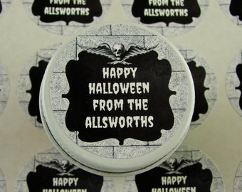 Personalized Halloween Sticker Labels - Skull and Chalkboard Design - Thirty 1.5" Circles - Personalized Favor Labels