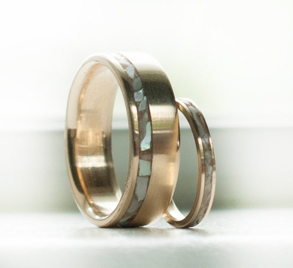 Mens Wedding Band Womens Wedding Band 10K Gold Mother of Pearl