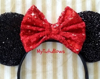 READY TO SHIP Minnie Mouse Ears Headband Black Shimmering Ears Red Sequin Bow Fits Adults and Children Sparkle Sequin