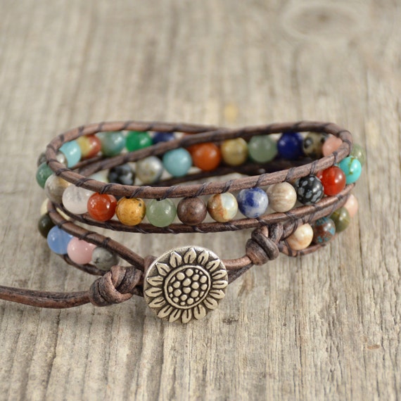 Semiprecious gemstone bead bracelet. Mixed stone hippie style
