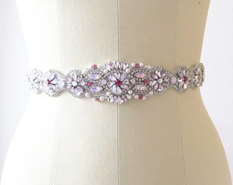 Rose Quartz Bridal belt, Beaded Swarvoski Pink Bridal Sash, Bridal Belt, Rhinestone Bridal Sash, Wedding belt, one-of-a-kind, #4009