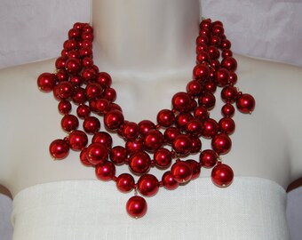 Red Glass Pearl Statement Necklace Multi-Strand Beaded Necklace Wedding Bridesmaids Chunky Bold