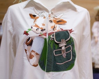Vintage White Cotton Shirt with Happy Cow