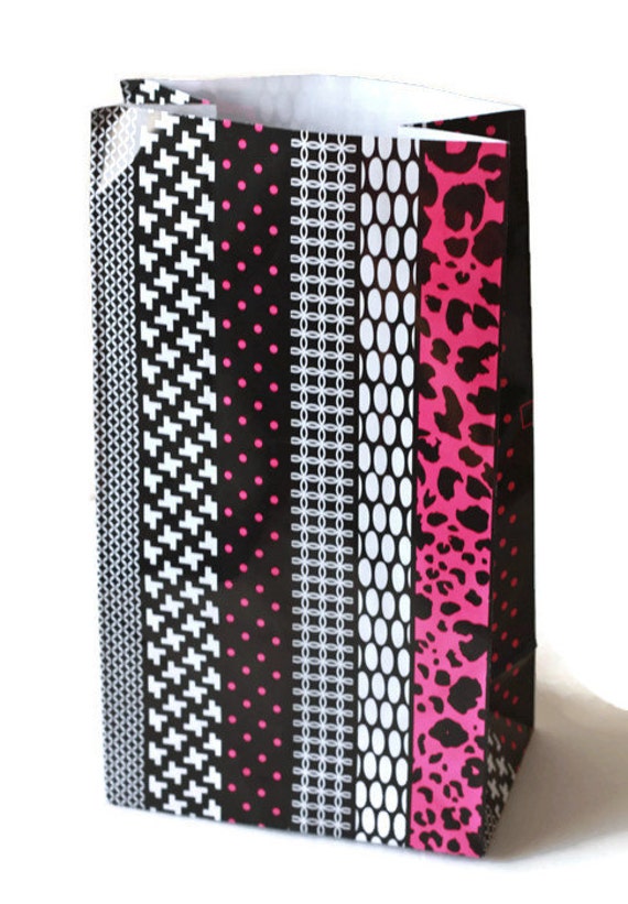 10 Black Pink & White Stripe Gift Sack 6x11 by LuxePartySupply