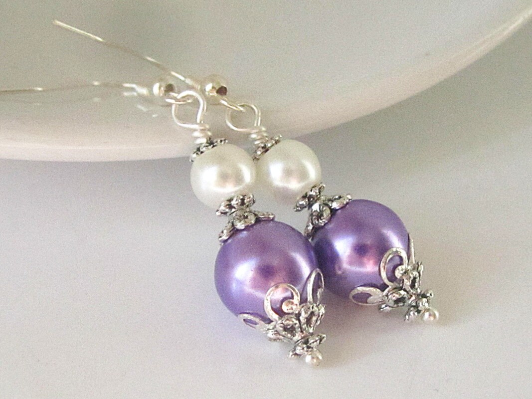 Lilac and Ivory Pearl Drop Earrings Purple Bridesmaid