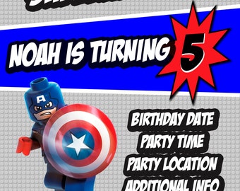 Lego Captain America Invitation, Custom Invitation