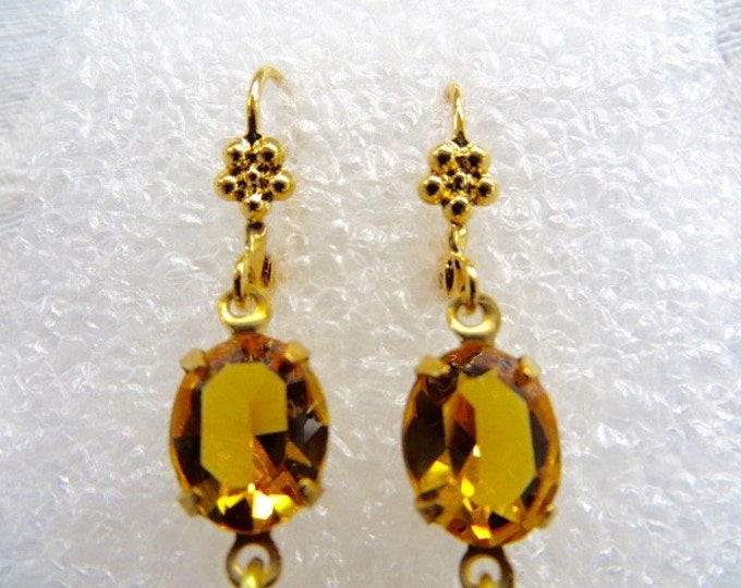 Czech Glass Earrings, Amber Dangle, Drop Earrings, Pierced Ears