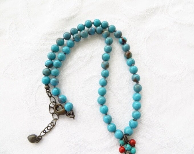 Vintage Cross Necklace, Turquoise and Coral, Beaded Southwest Style, Vintage Wire Cross, Boho Style