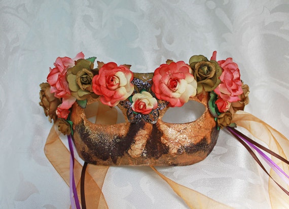 Brown Mulberry Paper Mache Flower Mask Renaissance Fair Masquerade Mask