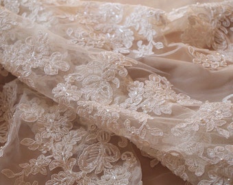 ivory beaded cord lace fabric, super delicate lace, ivory beaded lace fabric, vintage style bridal lace fabric, beading cord lace fabric