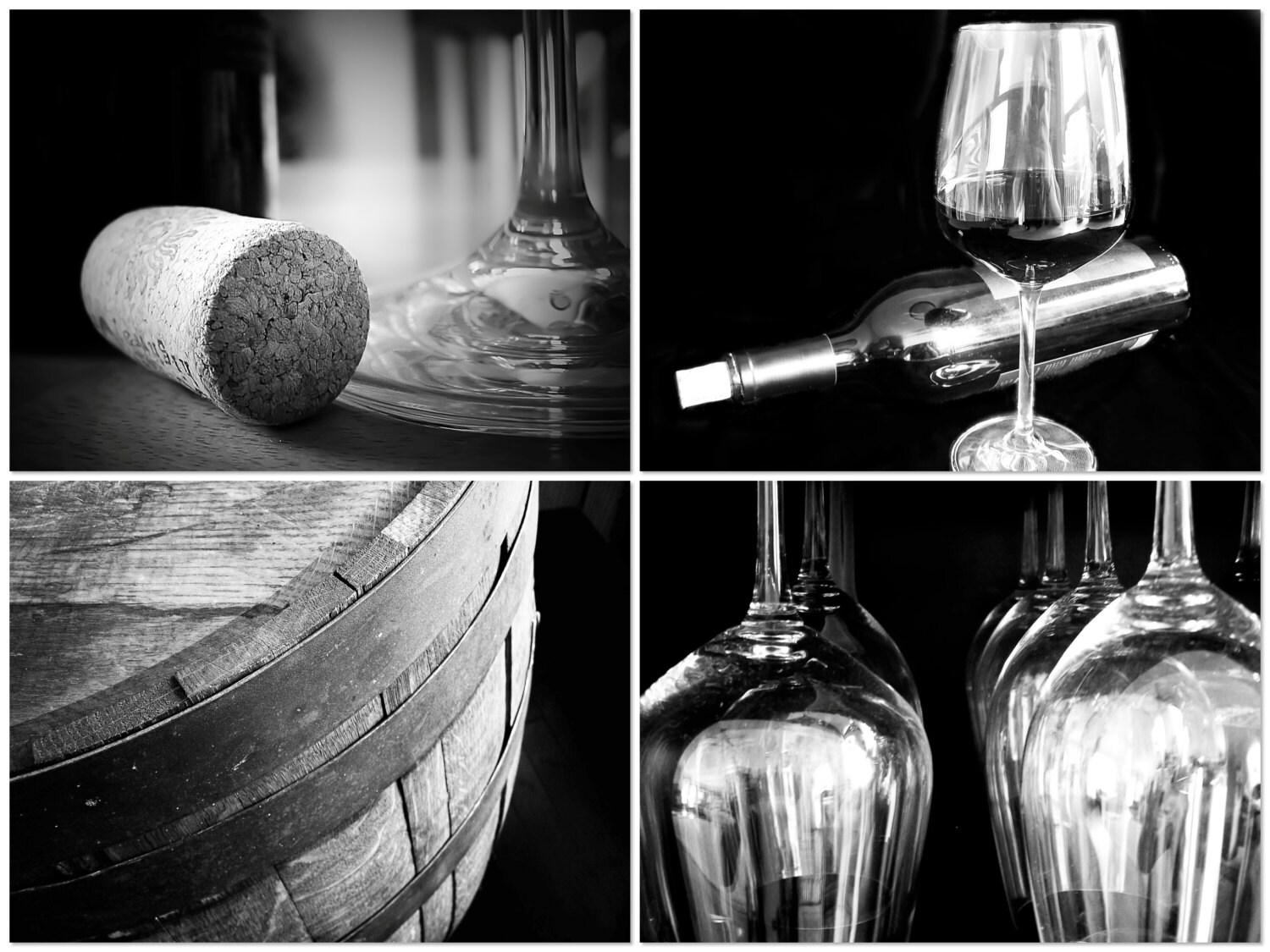 Black and White Wine Photography Print Set Wine Art Winery