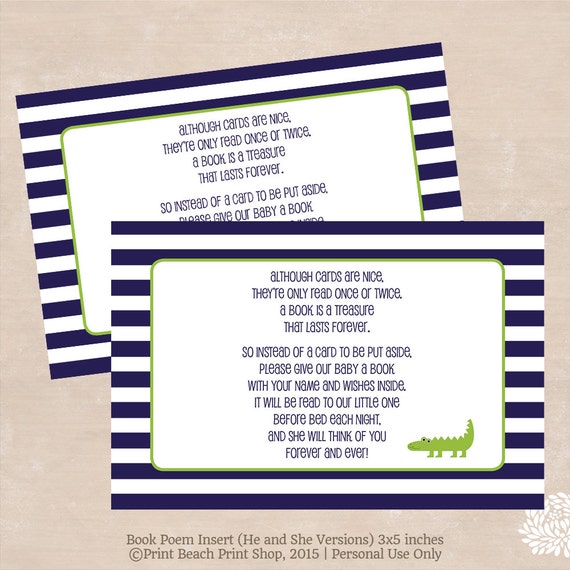 Alligator Baby Shower Book Poem Insert Instant by PalmBeachPrints