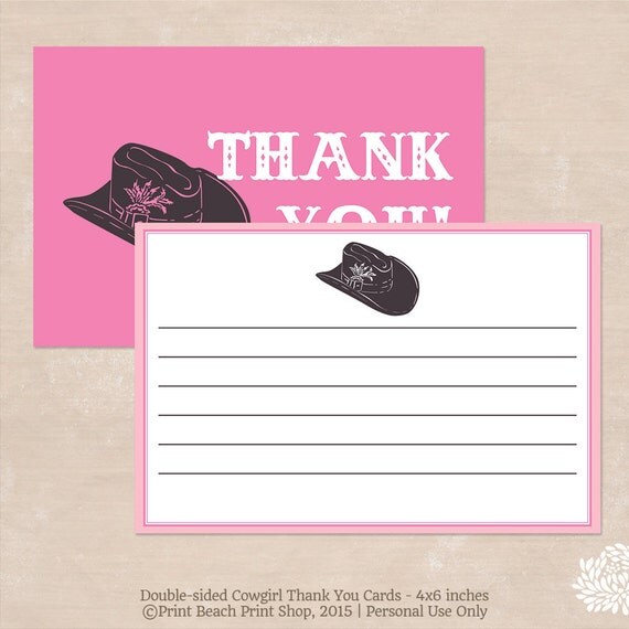 Printable Cowgirl Thank You Cards Double-sided by PalmBeachPrints