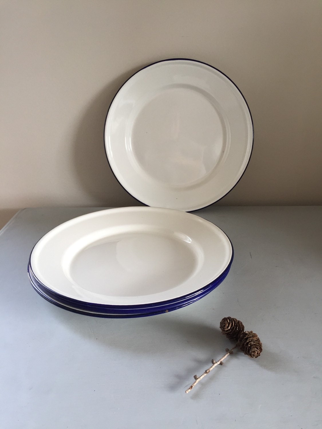 Enamel plates vintage white & blue metal rustic x 4