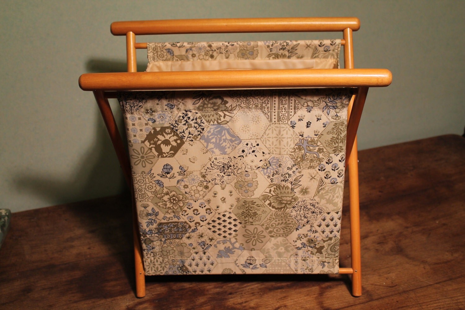 Vintage Folding Sewing Basket with Legs Multicolored Groovy