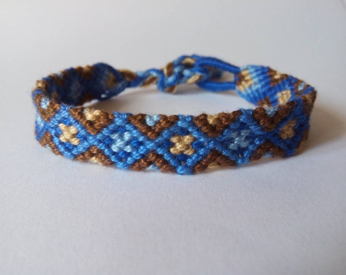 Friendship Bracelet, Macrame, Woven Bracelet, Wristband, Knotted Bracelet - For Men Brown Blue Diamond pattern