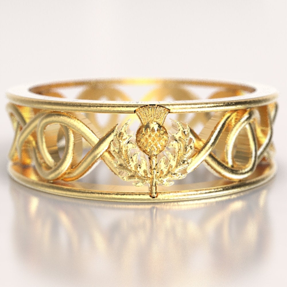 Gold Celtic Ring With Scottish Thistle and Cut Through