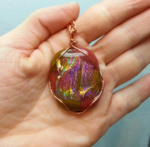Dichroic glass pendant necklace on copper wire and chain. Pink rainbow