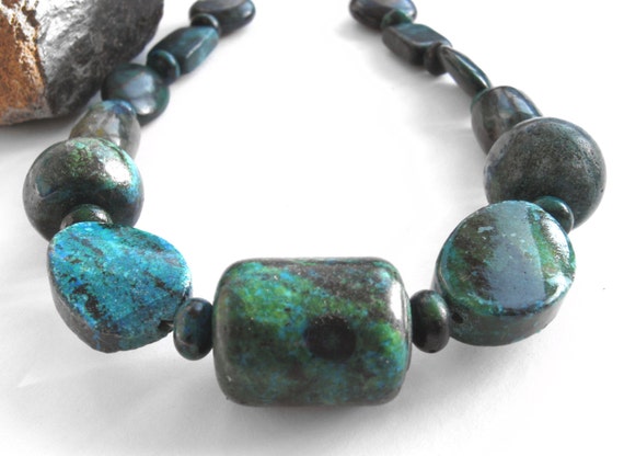 Turquoise & Magnesite, Chunky Stone Necklace - "Blue and Green" - Yellow Turquoise, Serpentine, Teal Necklace, Stone Necklace