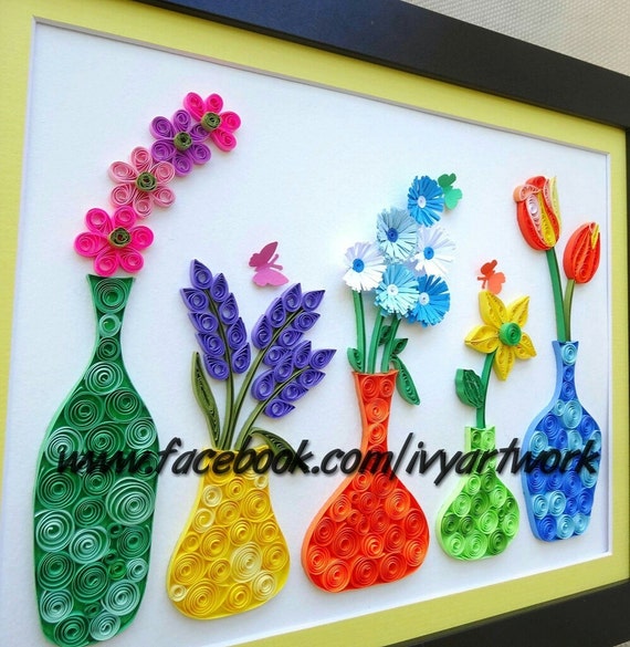 Paper Quilled Flower in vase wall artflower by IvyArtWorks on Etsy