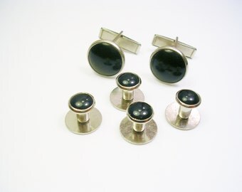Vintage Cufflinks, Tuxedo Studs Set, black front, silver tone, Formal Wear, Man Wedding Jewelry, Cuff links, Groom Best Man, Shirt Accessory