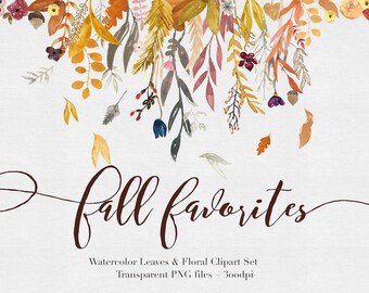 Fall Flowers Watercolor Clipart Files - High Res Transparent PNG - Hand Painted Digital Scrapbook elements - Instant download