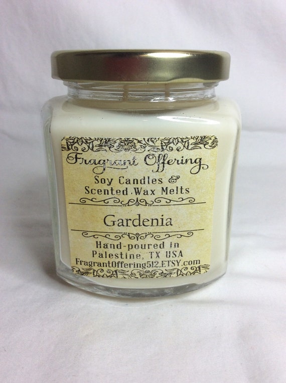 GARDENIA scented Soy candles in 9 oz. oval hex glass jars with
