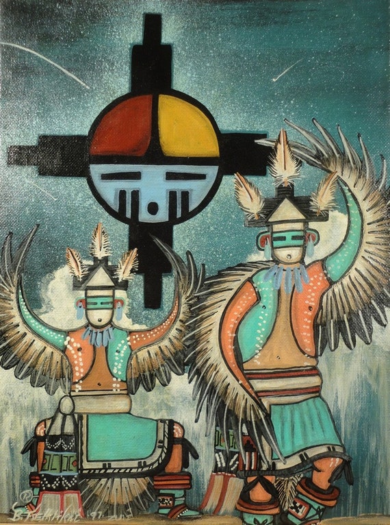 Native American Art Two Indian Paintings Zuni by VintageArtCafe