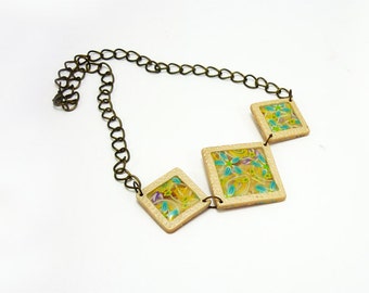 Square art necklace, Elegant necklace, Polymer clay necklace, Brass chain necklace, Handmade art jewelry, Colorful necklace, Gift for her