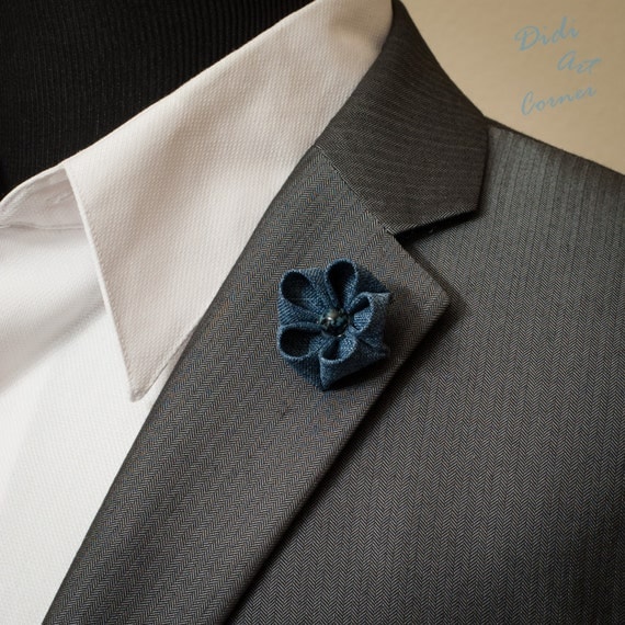 Lapel Pin Linen Navy Blue Kanzashi Inspired Flower Lapel Pin