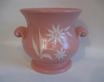 Abington Pink Vase/Jardiniere - Scroll Handled with White Flowers