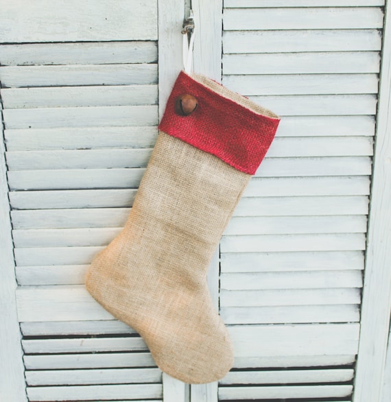 Handmade Burlap Christmas Stocking with Red by janes2daughters