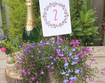 Floral Wreath PINK Wedding Table Numbers A6 - (numbers 1-10)