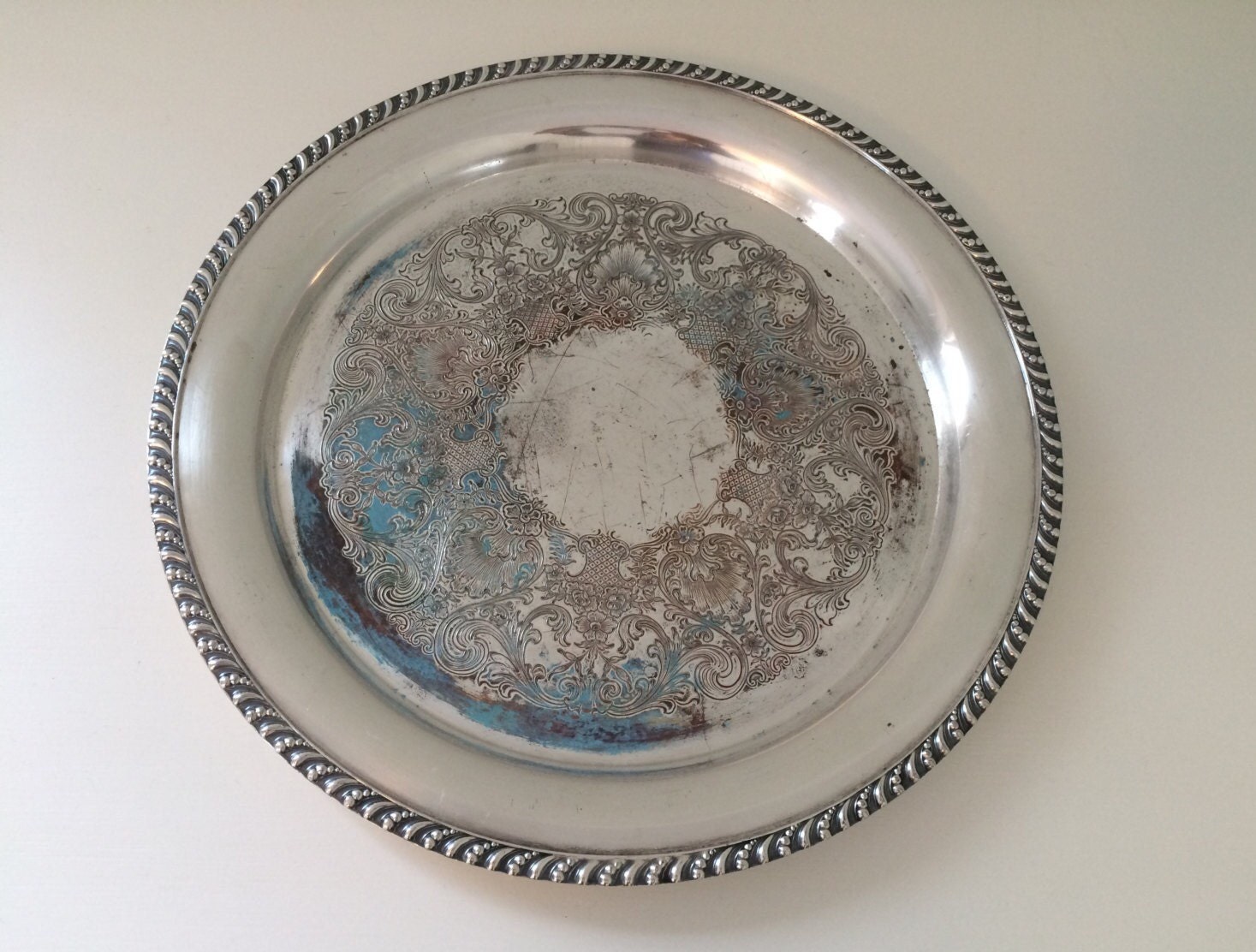 Vintage Silver Plate over Copper Round Serving Tray Wm Rogers