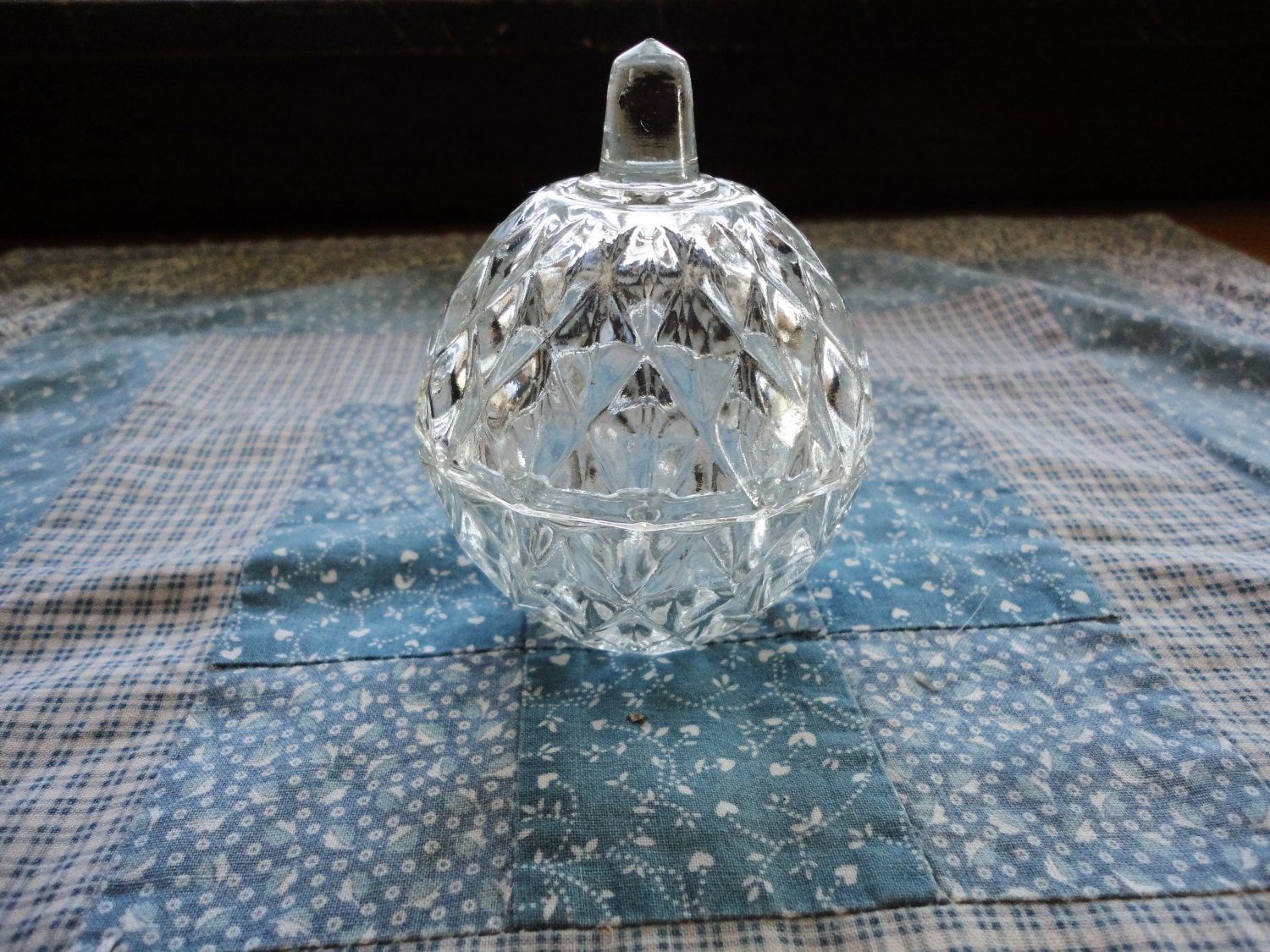 Clear Pressed Glass Egg Shape Trinket Holder Covered Diamond