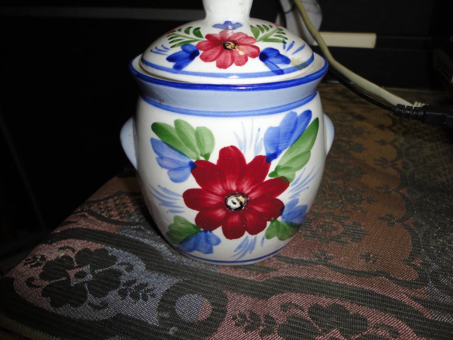 Hand Painted Floral Pottery Crock Sugar Condiment Bowl Container