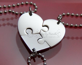 Mother daughter necklace set-Mother and daughter jewelry-THREE Piece HEART Jigsaw Puzzle Necklace Set Made of Stainless Steel w/GlossyFinish