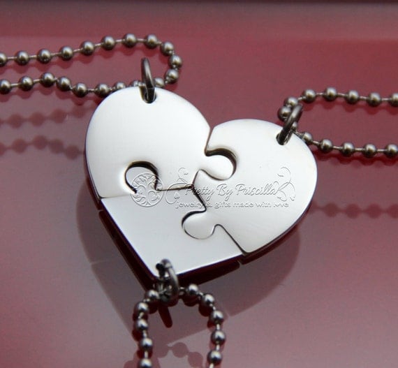 THREE Piece HEART Jigsaw Puzzle Necklace Set Made of Stainless