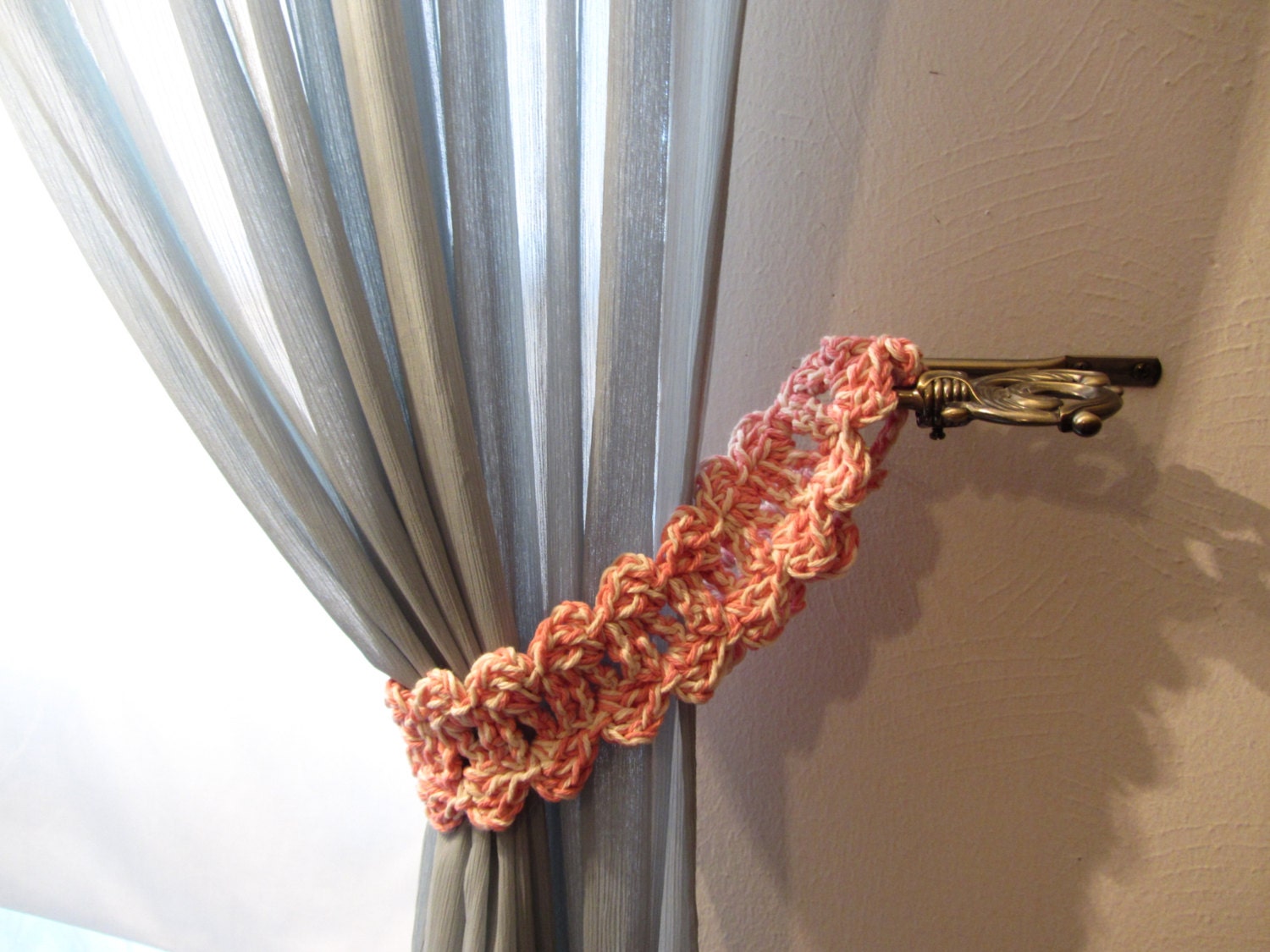 Pink and Ivory Crochet Curtain Tie Backs Tiebacks Home Decor