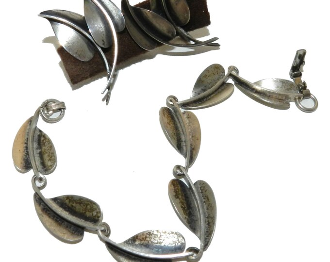 Vintage Beau Sterling Silver Bracelet Earrings, Heart Leaf Set, Vintage Estate Jewellery, Fine Jewelry Spring, Collectible, Gift Idea