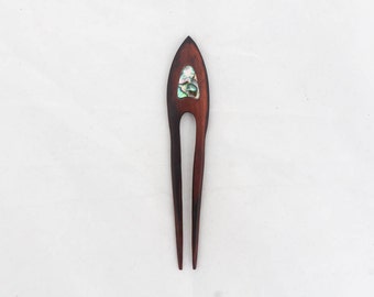 Wood hair fork 2 prong wooden hair sticks with paua shell, wood carving, wooden hair accessories