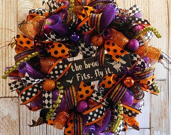 Halloween Deco Mesh Witch Front Door Wreath - Halloween Wreath in Purple and Orange