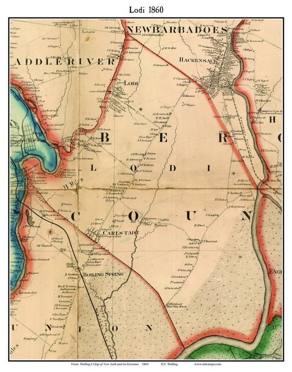 Lodi NJ 1860 Map with Homeowner Names Custom Reprint NYC